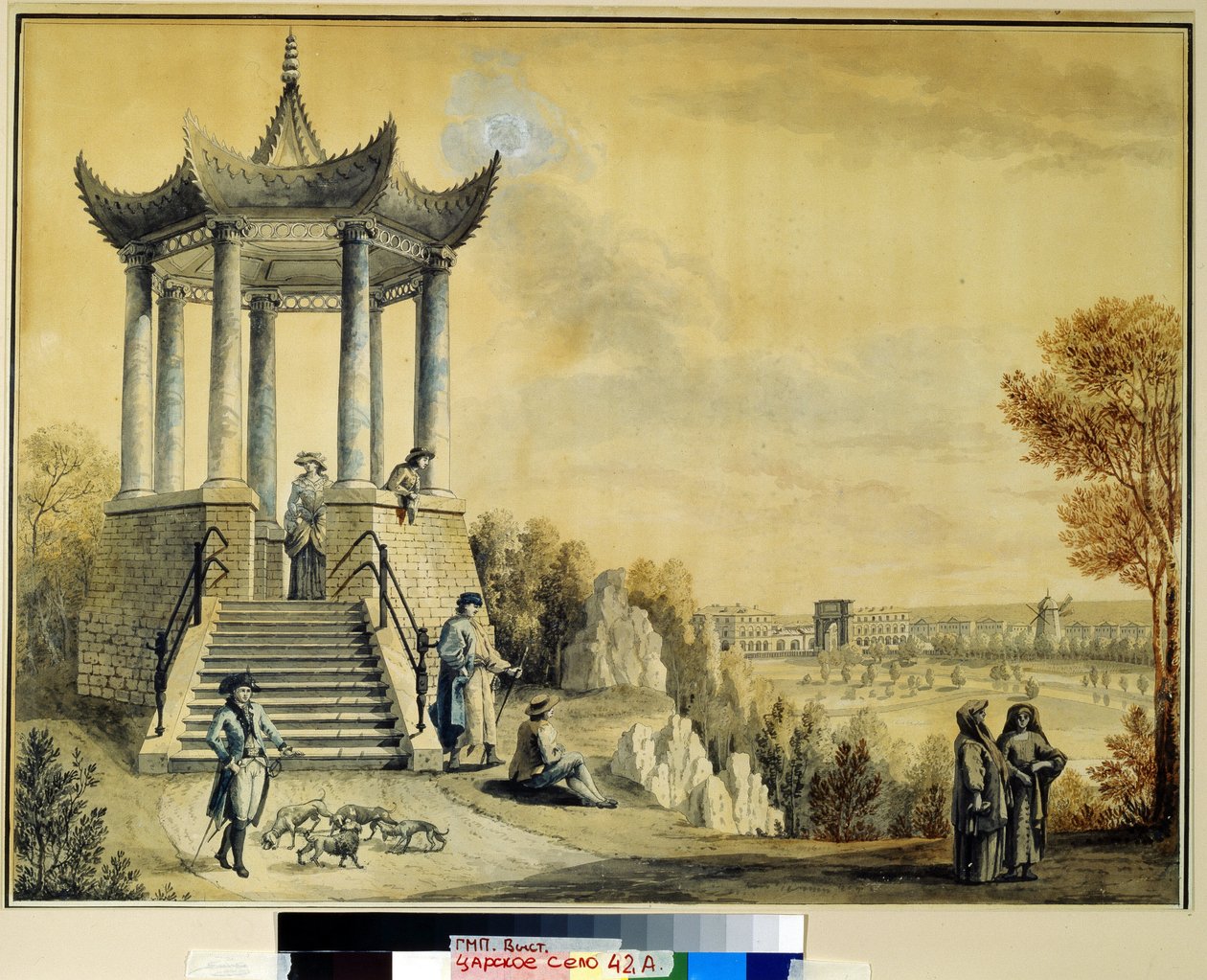 Grand Caprice-pavillonen i Catherine Park i Tsarkoye Selo. Værk af Mikhail Matveevich Ivanov (1758-1823), akvarel og kridt på papir, slutningen af ​​det 18. århundrede. Russisk kunst fra det 18. århundrede. Ins af Mikhail Matveevich Ivanov