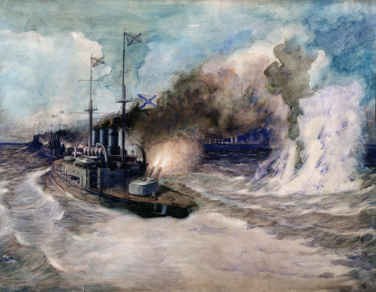 Søslaget mellem Sortehavsflåden og den tyske panserkrydser Goeben den 5. november 1914 - Kunstværk af Mikhail Mikhailovich Semyonov ( af Mikhail Mikhailovich Semyonov