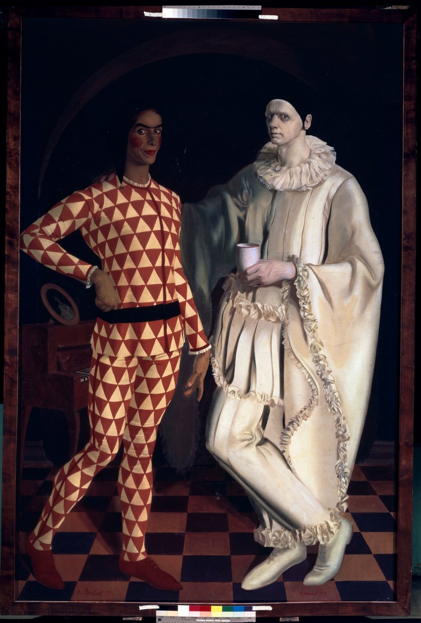 Harlekin og Pjerrot (Selvportrætter, i kostumer fra Comedia dell Arte) - Harlekin og Pjerrot (Selvportrætter) - Maleri af Alexander Yevgenyevich Yakovlev (Alexandre Iacovleff) (1887-1938), olie på lærred af Mikhail Nikolayevich Yakovlev