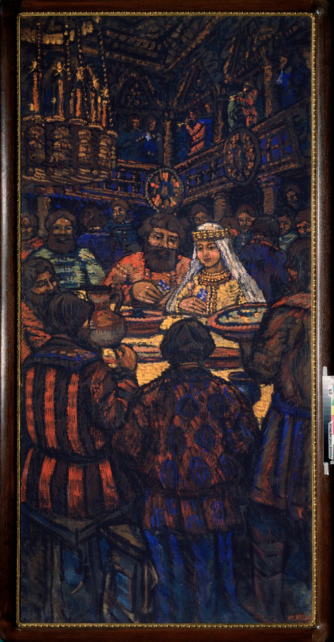 Storhertug Vladimir I Svyatoslavichs bryllup (kendt som den store eller røde sol, 958-1015) (The Wedding of the Grand Duke Vladimir I Svyatoslavich) Bryllupsbanketscene - Maleri af Mikhail Nikolayevich Yakovlev (1880-1942), olie på lærred, omkring 1920 af Mikhail Nikolayevich Yakovlev