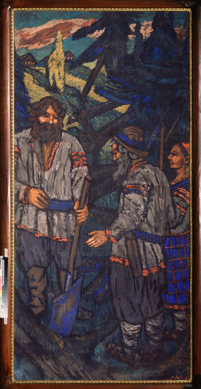 Storhertug Vladimir I Svyatoslavichs bryllup (kaldet den store eller røde sol, 958-1015) (storhertugen Vladimir I Svyatoslavichs bryllup) Vladimir taler med en skovl med et par bønder - Maleri af Mikhail Nikolayevich Yakovlev (1880) -1 af Mikhail Nikolayevich Yakovlev