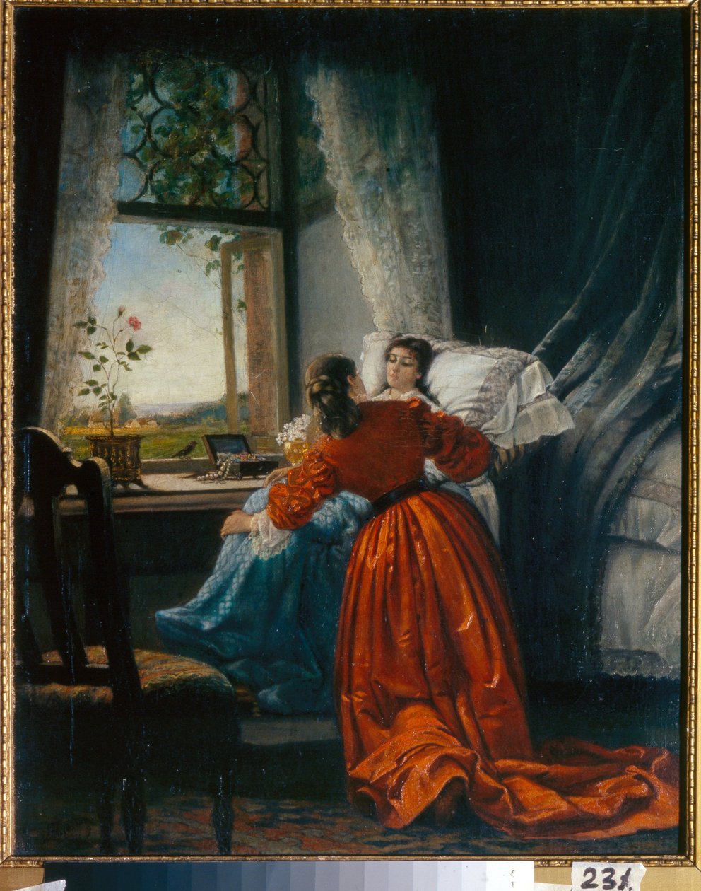Besøget hos de syge (Visiting the Sick) en kvinde gemmer en lille pige i et sæde, installeret nær vinduet - Maleri af Mikhail Petrovich, Baron Klodt (1835-1914), olie på kobber af Mikhail Petrovich Klodt
