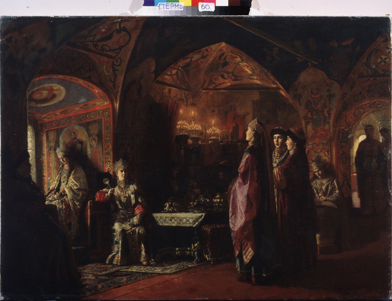 Tsarinaens bolig (Tsarevnas bolig). Komposition over temaet det gamle Rusland, traditionel kostume og udsmykning af fyrstedømmet Moskva. Maleri af Baron Mikhail Petrovich Klodt (1835-1914), olie på lærred af Mikhail Petrovich Klodt