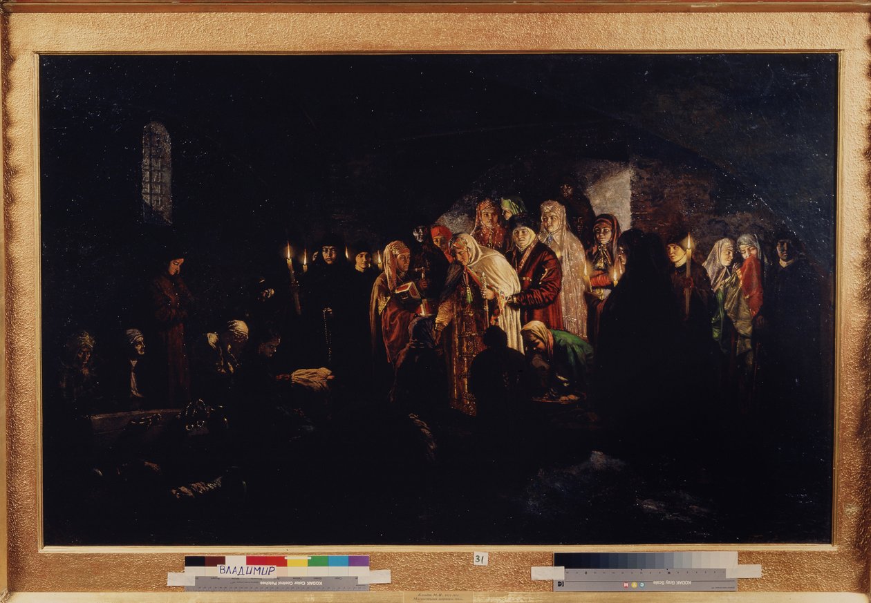 The Empress Giving Alms (Empress Giving Alms). Tsarinaen, omgivet af adelige og gejstlige, gør velgørenhed til en forsamling af trængende mennesker, der knæler foran hende. Maleri af Baron Mikhail Petrovich Klodt (1835-1914), olie på lærred af Mikhail Petrovich Klodt