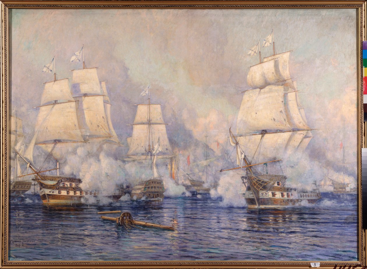 Søslaget ved Navarino, 20. oktober 1827 mellem den osmanniske flåde og en fransk-anglo-russisk flåde (episode af den russisk-tyrkiske krig 1828-1829 og den græske uafhængighedskrig eller græske revolution 1821-1830) - ( Søslaget ved Na af Mikhail Stepanovich Tkatchenko
