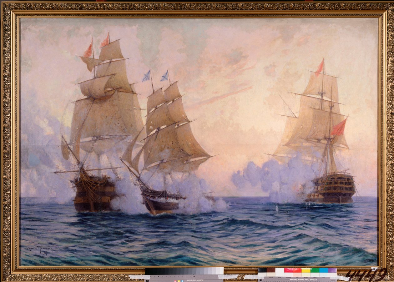 Briggen Mercury kæmper mod to tyrkiske fartøjer, 14. maj 1829 (episode af den russisk-tyrkiske krig af Mikhail Stepanovich Tkatchenko