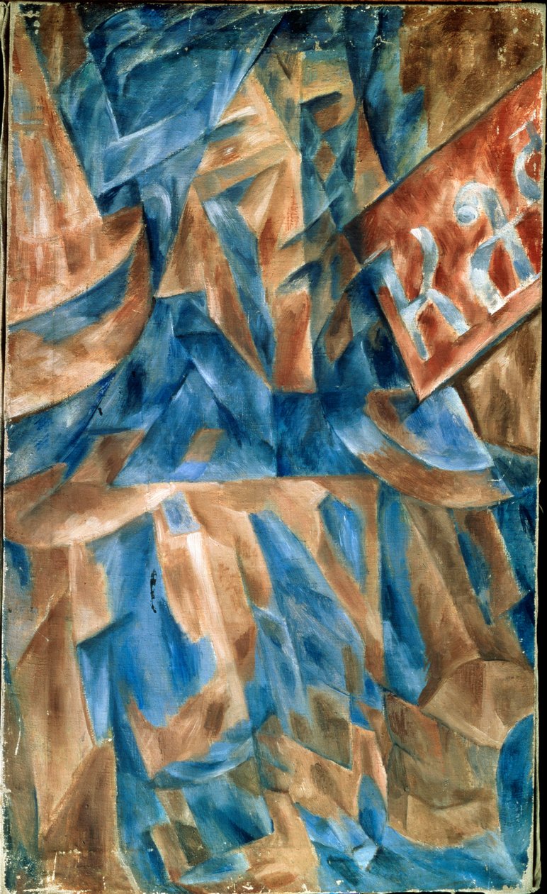 Femme dans un cafe (Lady in a Cafe) - Kubistisk komposition, med et stykke af cafeens front (indskriften KA) - Maleri af Mikhail Vasilyevich Le Dantyu (1891-1917), olie på lærred, omkring 1910 - Russisk kunst, før det 20. århundredes vagt, abstrakt kunst - af Mikhail Vasilevich Le Dantu