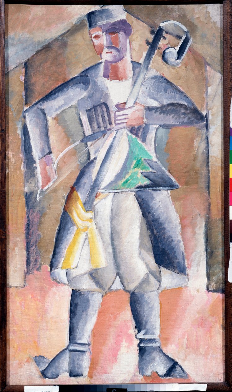 Musicien (Sas Musician) - Portræt af en musiker, i traditionel påklædning, med sit instrument, en slags lodret skivebærer med to strakte strenge, som spilles med en bue - Maleri af Mikhail Vasilyevich Le Dantyu (1891-1917), olie på lærred - Art rus af Mikhail Vasilevich Le Dantu