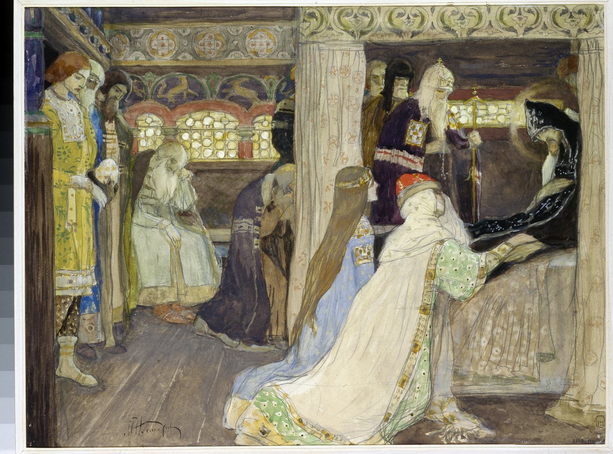 Storhertug Alexander Nevskys død (1220-1263). (Storhertug Alexander Nevskys død). Værk af Mikhail Vasilyevich Nesterov (1862-1942), akvarel og gouache på papir af Mikhail Vasilievich Nesterov