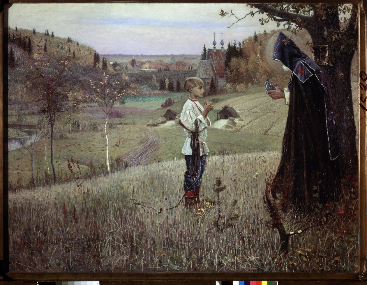 Den unge Barthelemys vision. (Ungdommens vision Bartholomew). Mødet mellem en munk og den unge russiske Barthelemy (som ville blive Sankt Serge de Radonege eller Sergii Radonezhsky eller Sergey Radonezhsky eller Sergius de Radonezh, omkring 1313-1392). Mal af Mikhail Vasilievich Nesterov