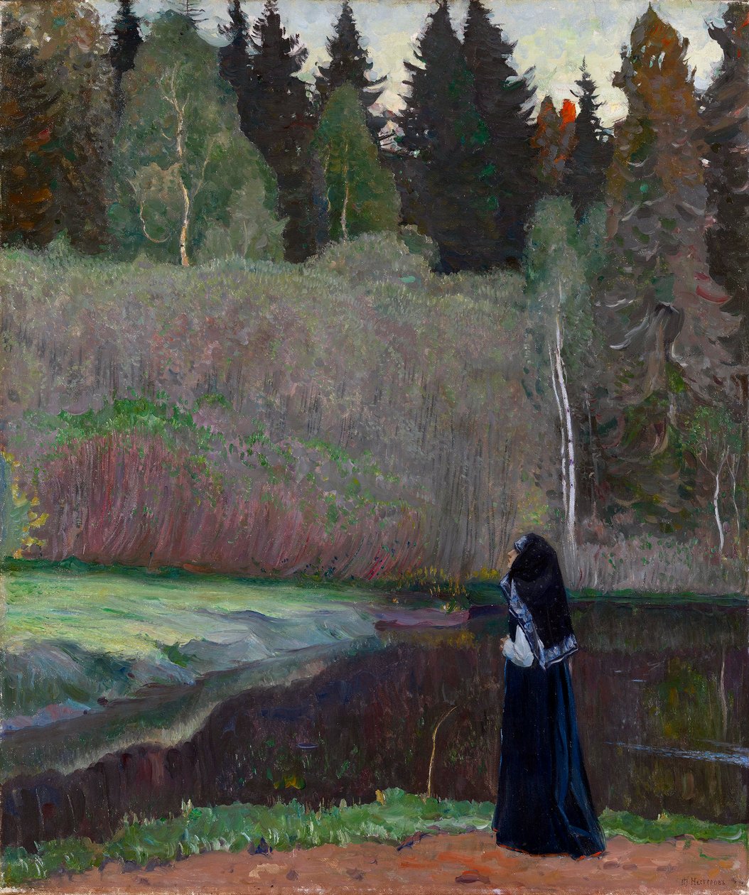 ""Le chant du rossignol"" (Nattergalen synger) En nonne lytter til fuglesang - Maleri af Mikhail Vasilyevich Nesterov (1862-1942) 1918 Dim 81x68,5 cm Privat samling af Mikhail Vasilievich Nesterov