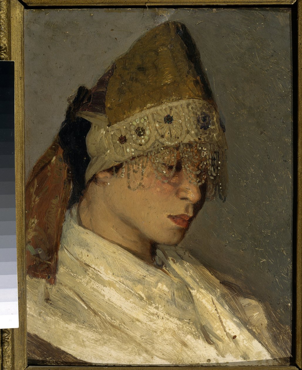 En pige iført en Kokochnik (A Girl With Kokoshnik). Traditionel høj hovedbeklædning af russiske kvinder, bundet bagpå med bånd, forsiden er dekoreret med perler og broderi. Maleri af Mikhail Vasilyevich Nesterov (1862-1942), olie på træ af Mikhail Vasilievich Nesterov