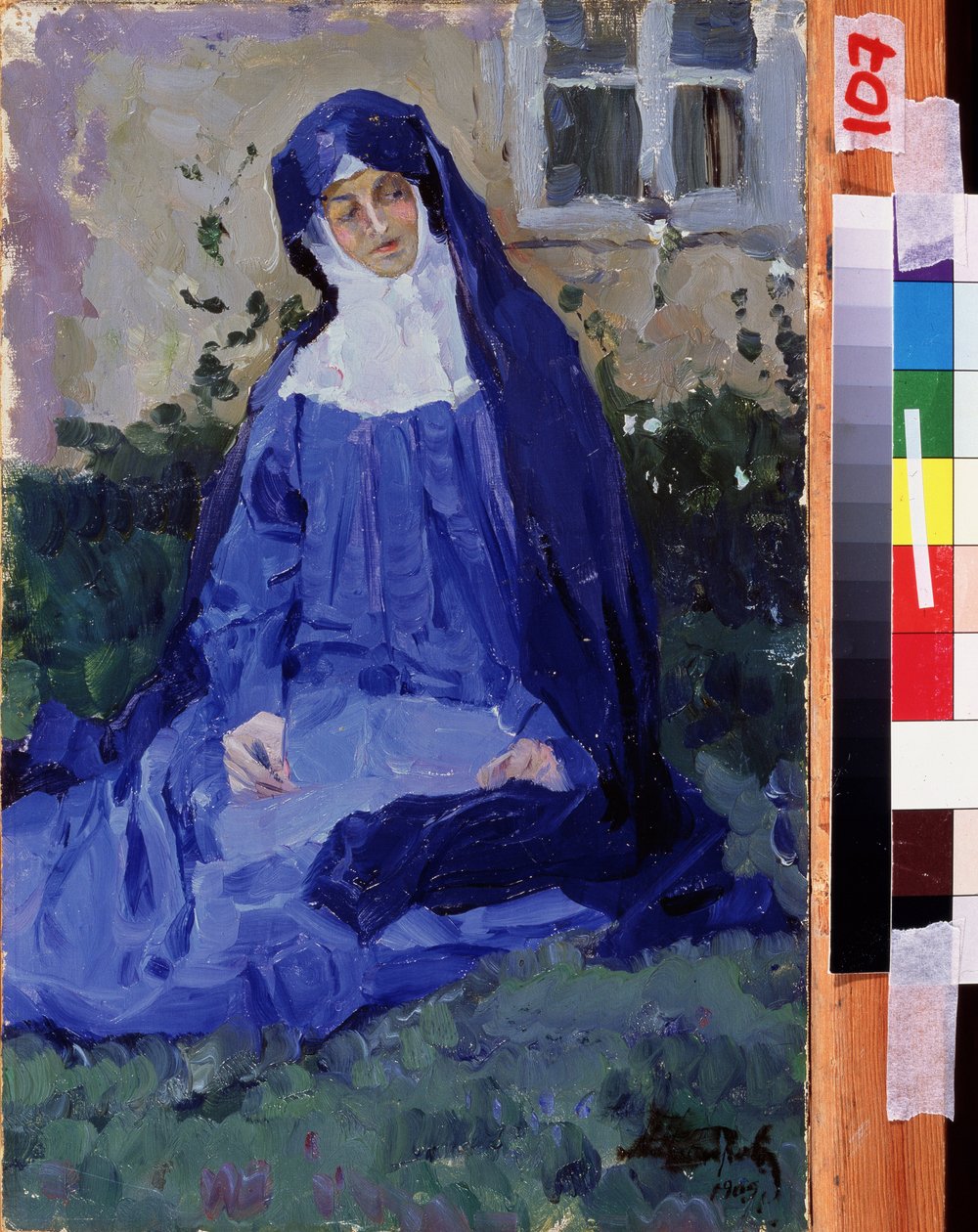 En nonne (A Nun). Værk af Mikhail Vasilyevich Nesterov (1862-1942), olie på pap af Mikhail Vasilievich Nesterov