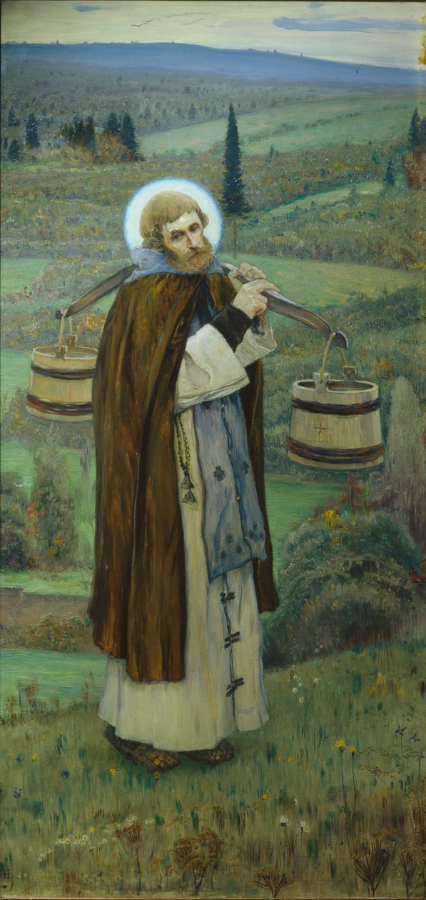 Sankt Sergius arbejder Triptykon, venstre del, 1896 af Mikhail Vasilievich Nesterov