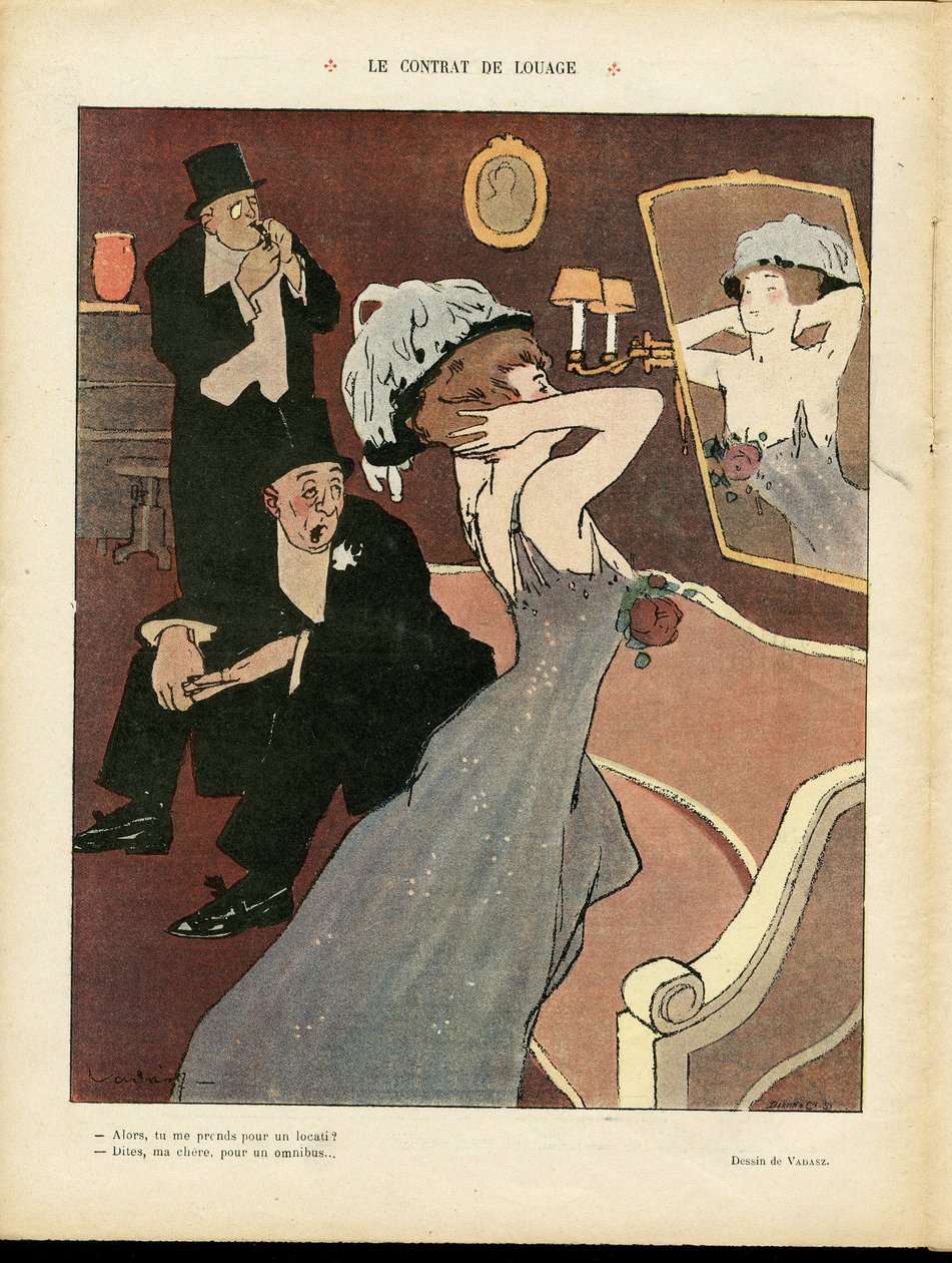 Illustration af Miklos Vadasz (1884-1927) i Le Rire, 07/03/08 - Lejekontrakten - Prostitution, intern arkitektur af Miklós Vadász
