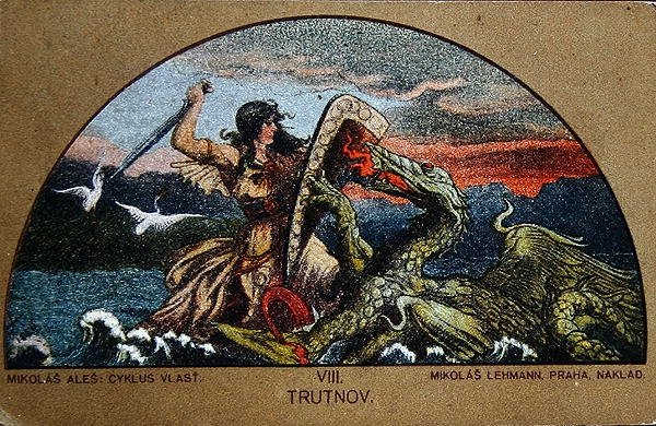 Postkort, der forestiller ridder Trut, der kæmper mod Dragon of the Rocks, ca. 1900 (farve litho) af Mikolas (after) Ales