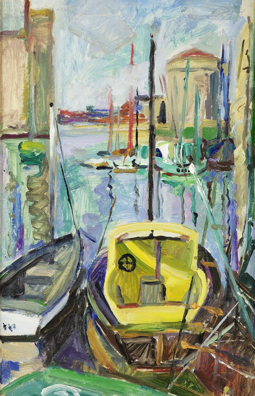Den gamle havn, La Rochelle, ca. 1930 (olie på papir lagt på lærred) af Mildred Bendall
