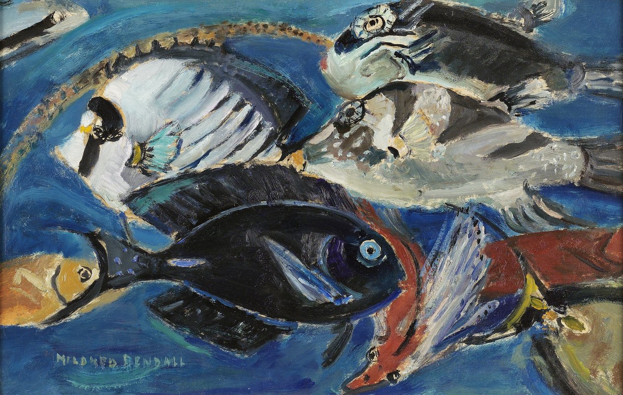 Poissons, ca. 1950 (olie på papir lagt på panel) af Mildred Bendall