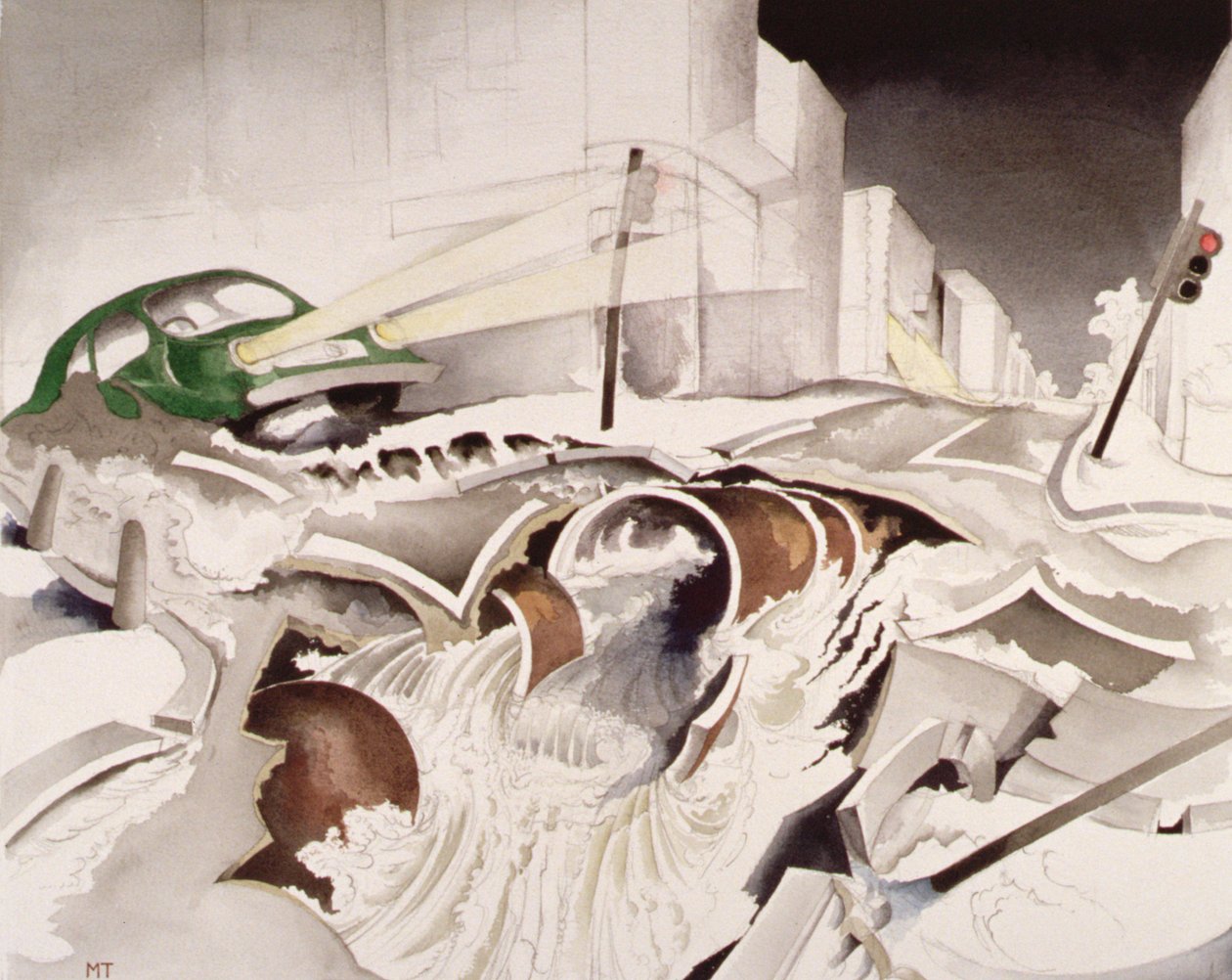 Fleet River forsøger at undslippe ved Chetwynd Road, 1998 (wc på papir) af Miles Contemporary Artist Thistlethwaite