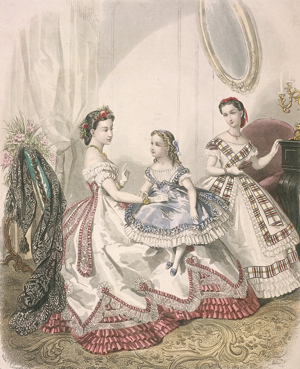 To kvinder og en lille pige iført den seneste indendørs mode, c1860 af Millia Lacouriere