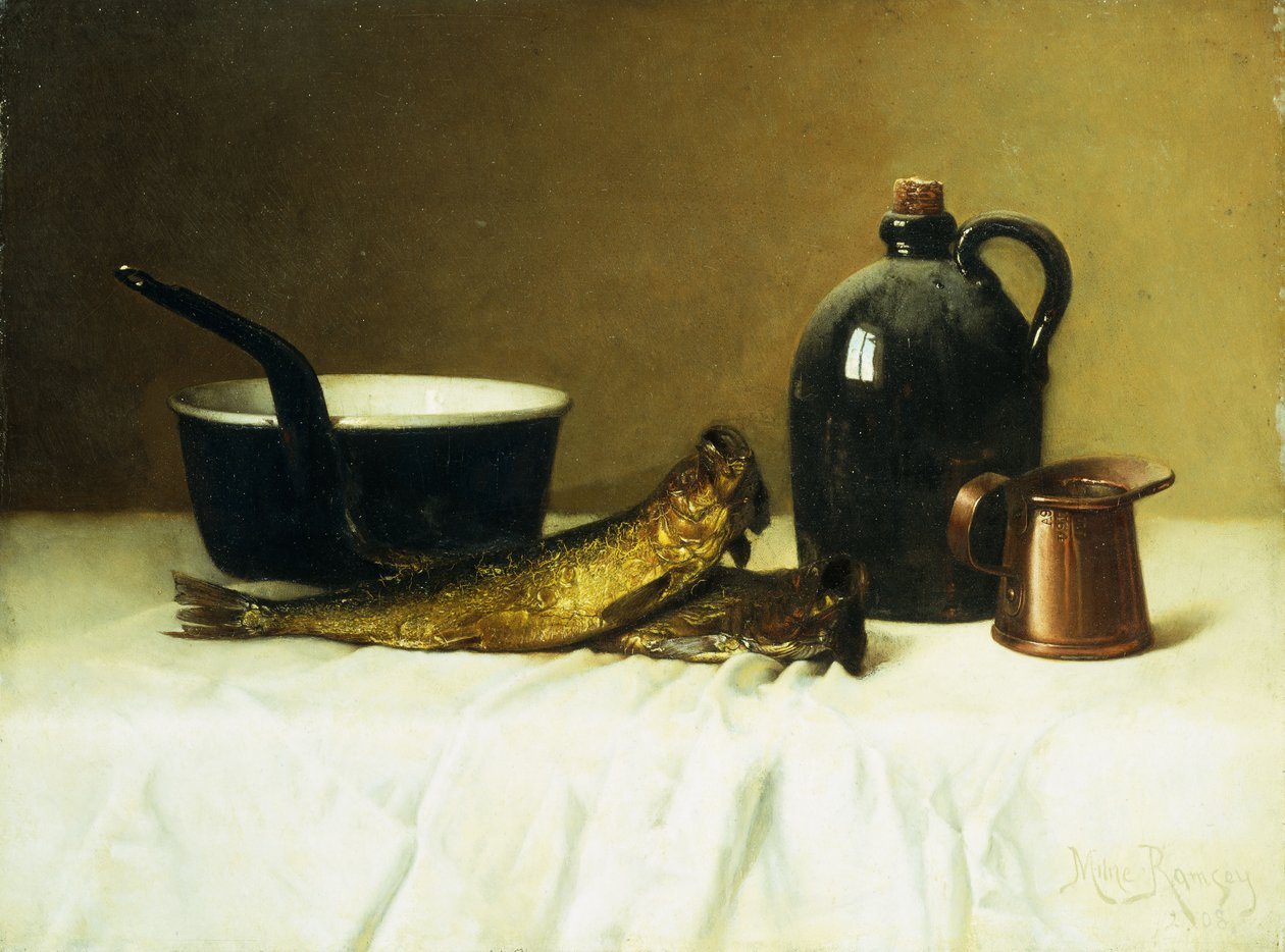 Stilleben med sild, gryde, kande og mål, 1908 af Milne Ramsey