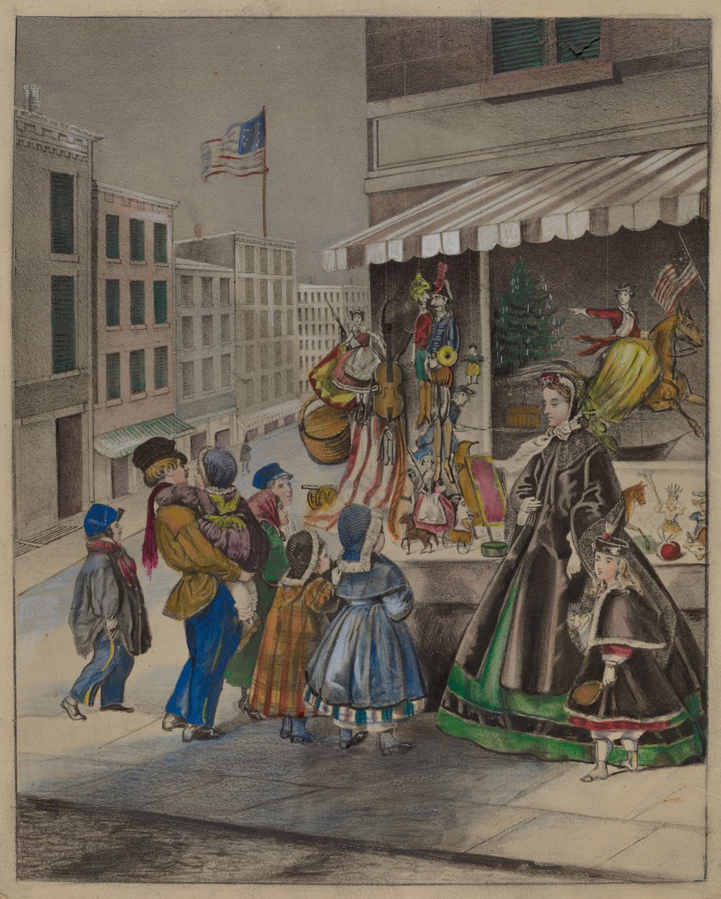Farvelitografi: nytårsaften, ca. 1936. af Mina Lowry