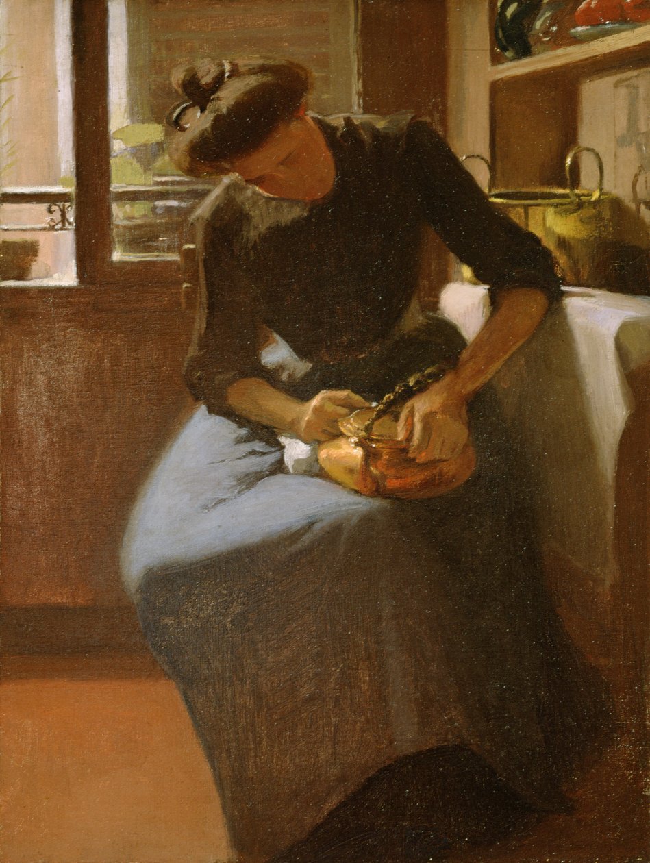 Kvinde polerer en kedel, ca. 1912 (olie på lærred) af Minerva Josephine Chapman