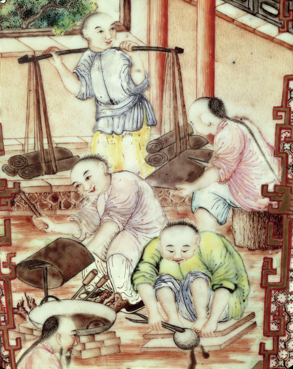 Detalje fra en vase forestillende håndværkere af Ming Dynasty Chinese School