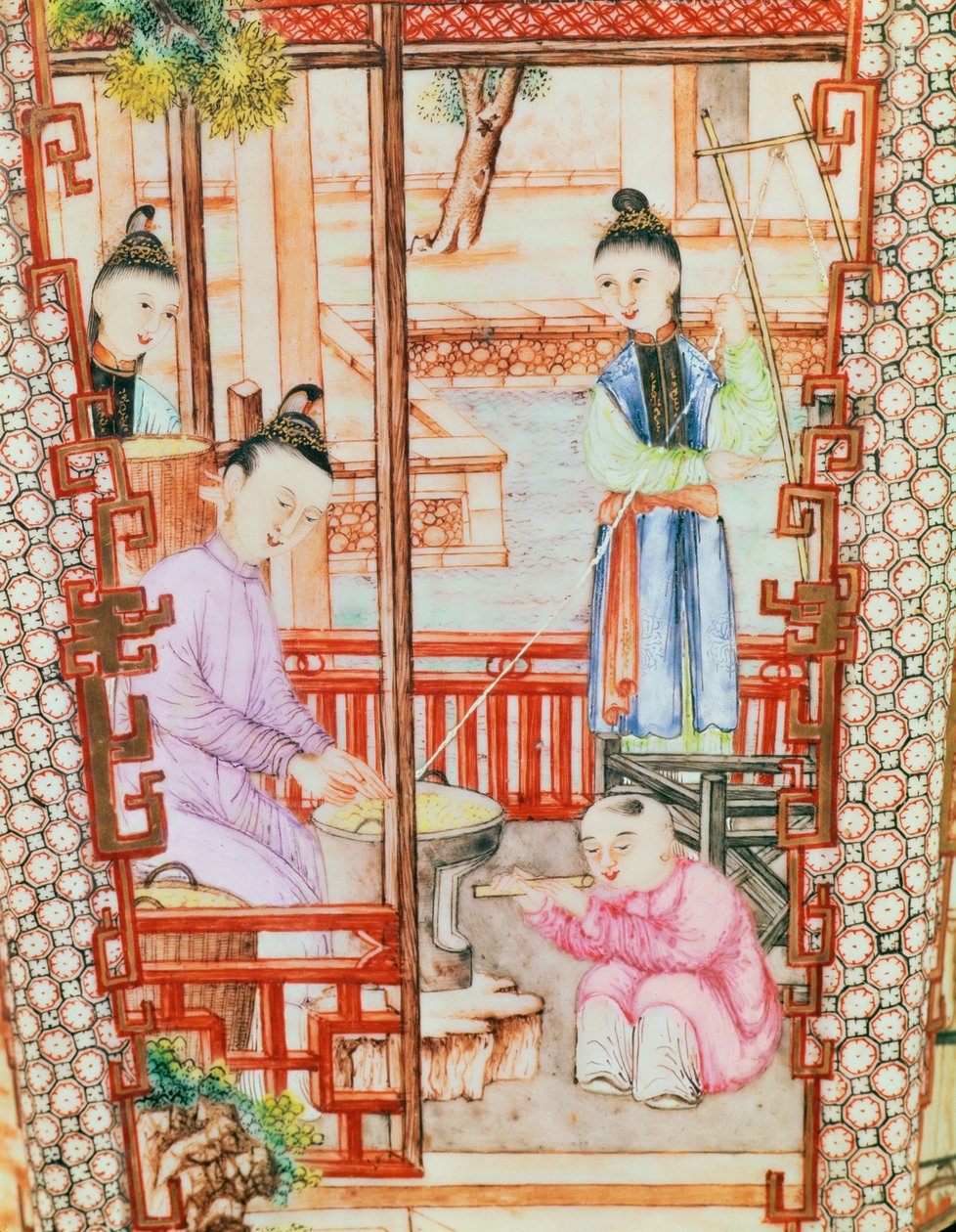 Detalje fra en vase forestillende kvinder, der spinder silke af Ming Dynasty Chinese School