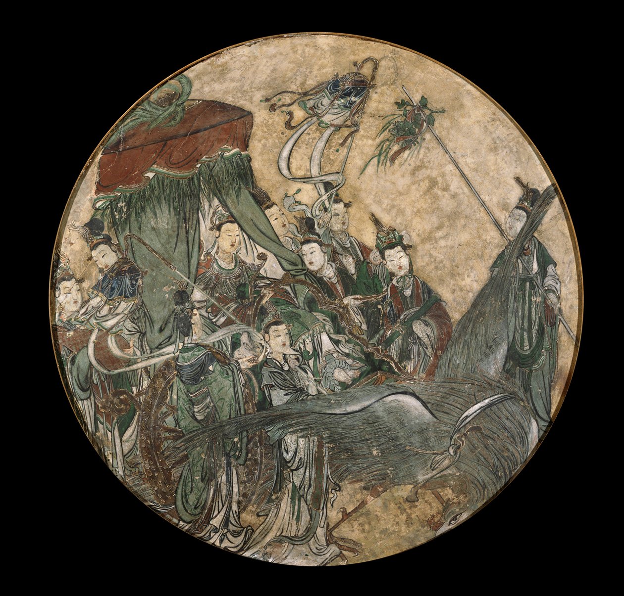En polykrom fresco, der viser en kvindelig dignitær, der holder et Ruyi-scepter, mens han sidder i en Fønix-trukket vogn af Ming Dynasty Chinese School