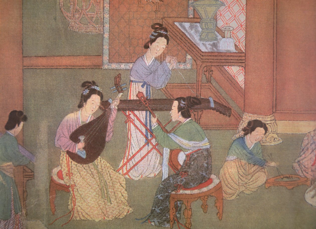 Kinesisk lut, måneguitar og bordciter (maleri på silke) af Ming Dynasty Chinese School