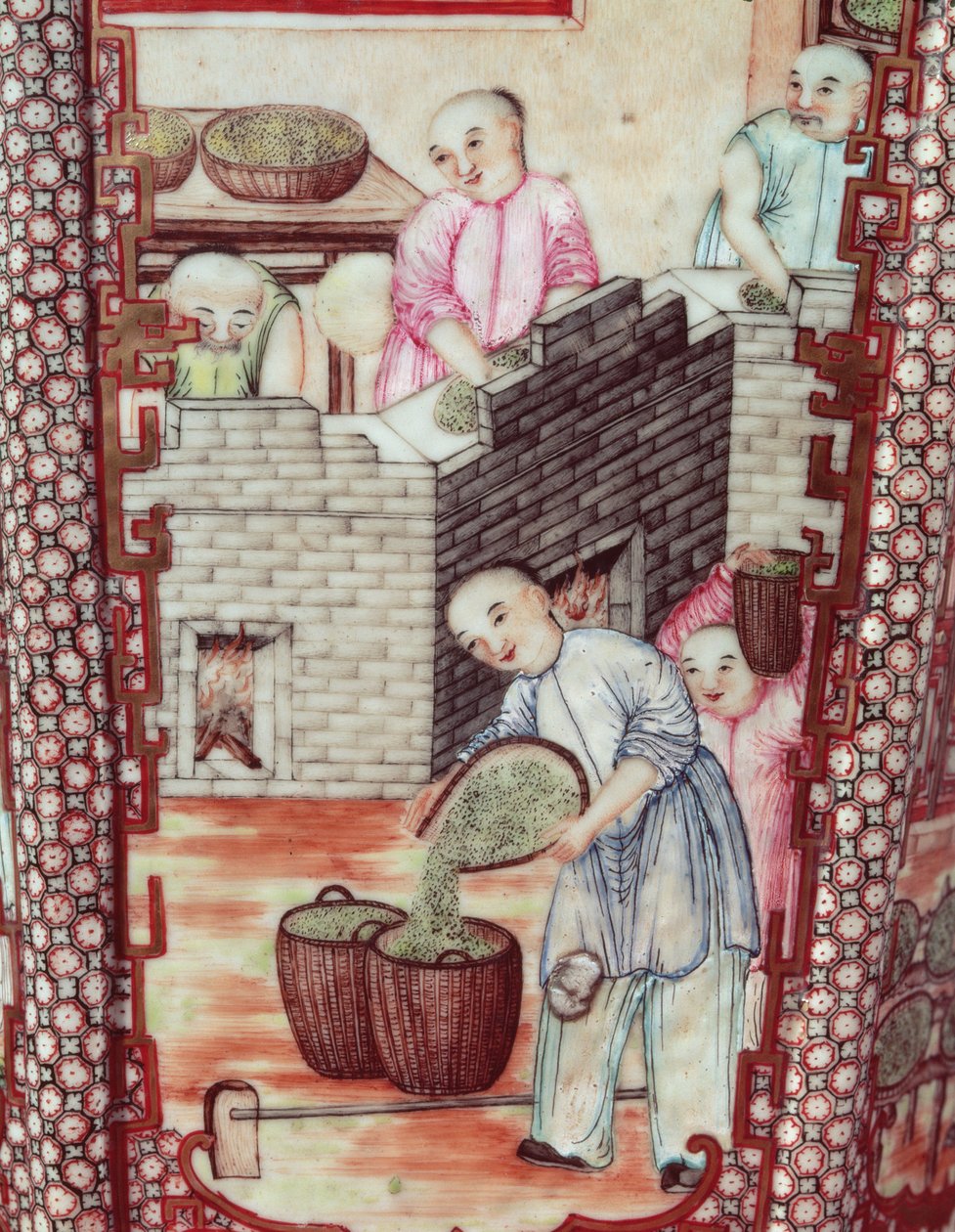 Detalje fra en vase, der forestiller tørrende te (keramik) af Ming Dynasty Chinese School