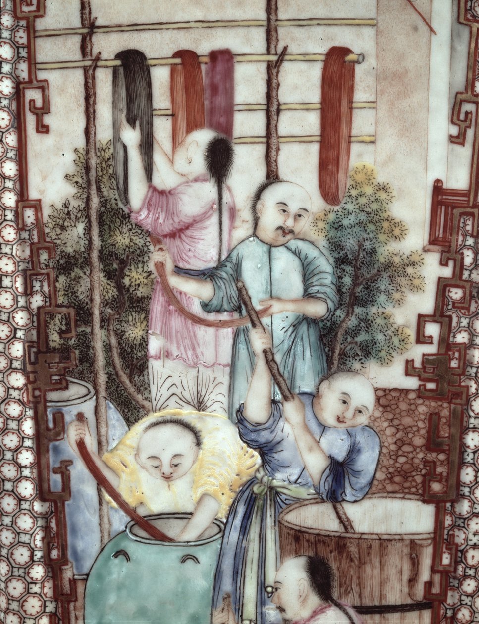 Detalje fra en vase forestillende mænd, der farver silke (keramik) af Ming Dynasty Chinese School