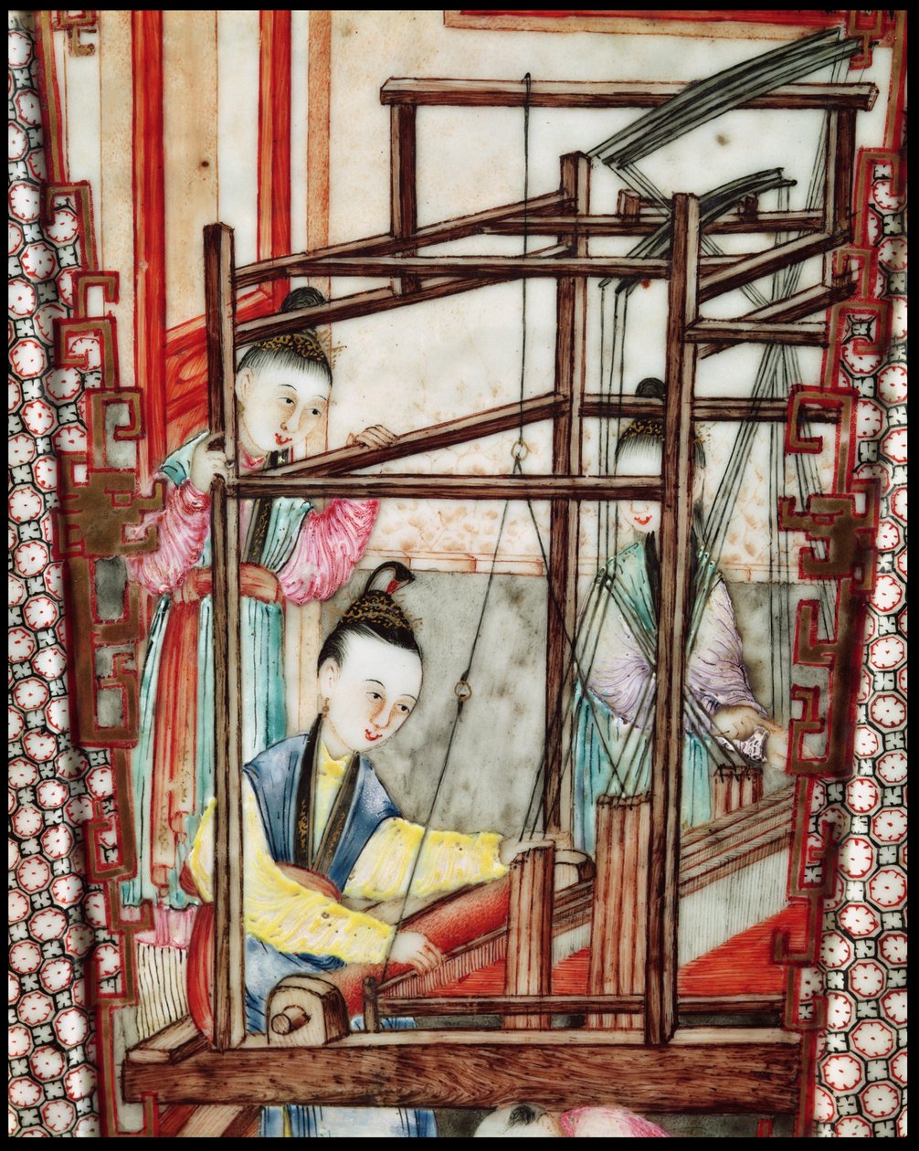 Detalje fra en vase, der forestiller silkevævning (keramik) af Ming Dynasty Chinese School