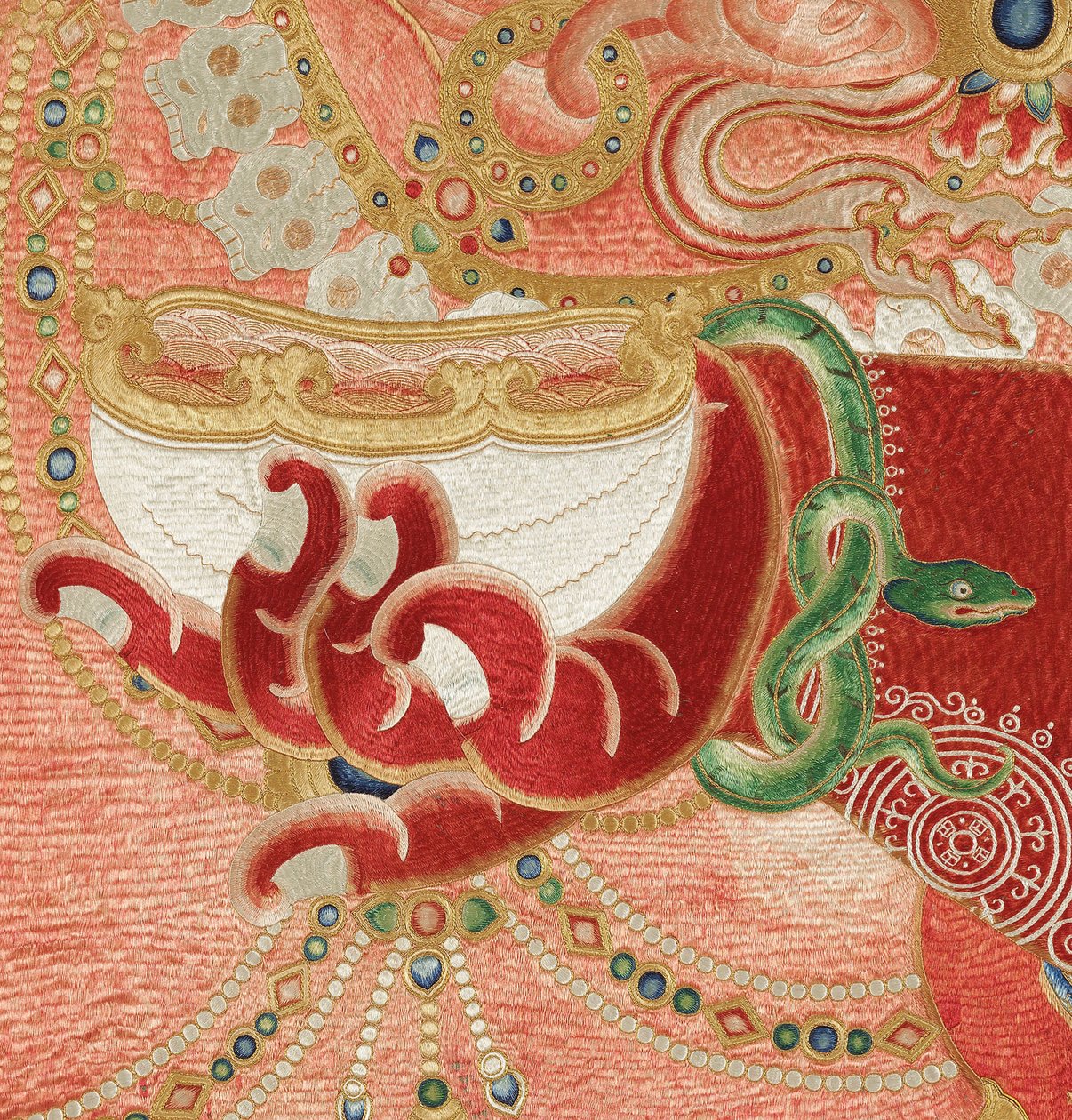 Detalje af kejserlig broderet silke-thangka af Ming Dynasty Chinese School
