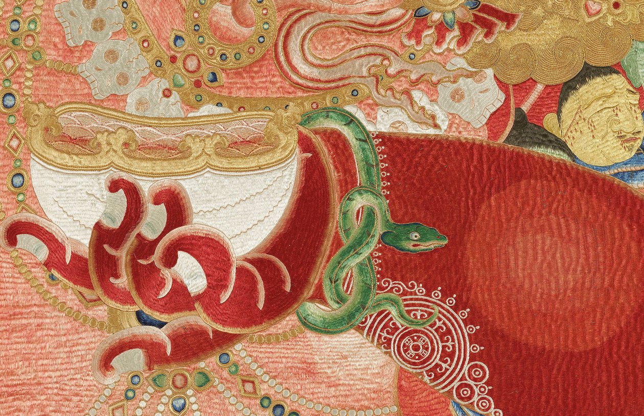 Detalje af kejserlig broderet silke-thangka af Ming Dynasty Chinese School