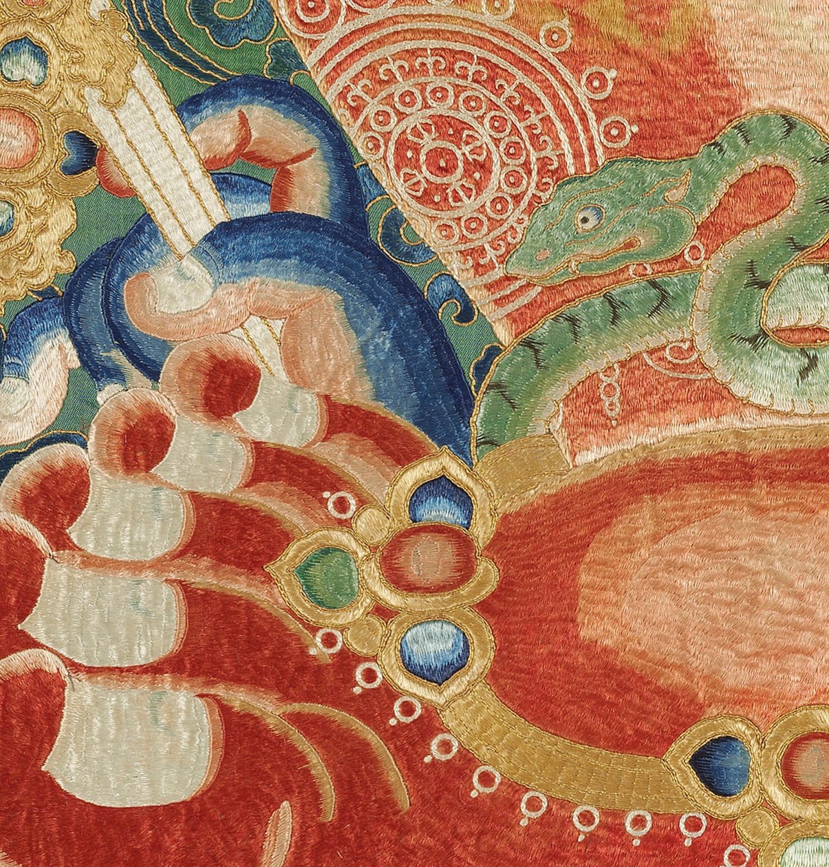 Detalje af kejserlig broderet silke-thangka af Ming Dynasty Chinese School