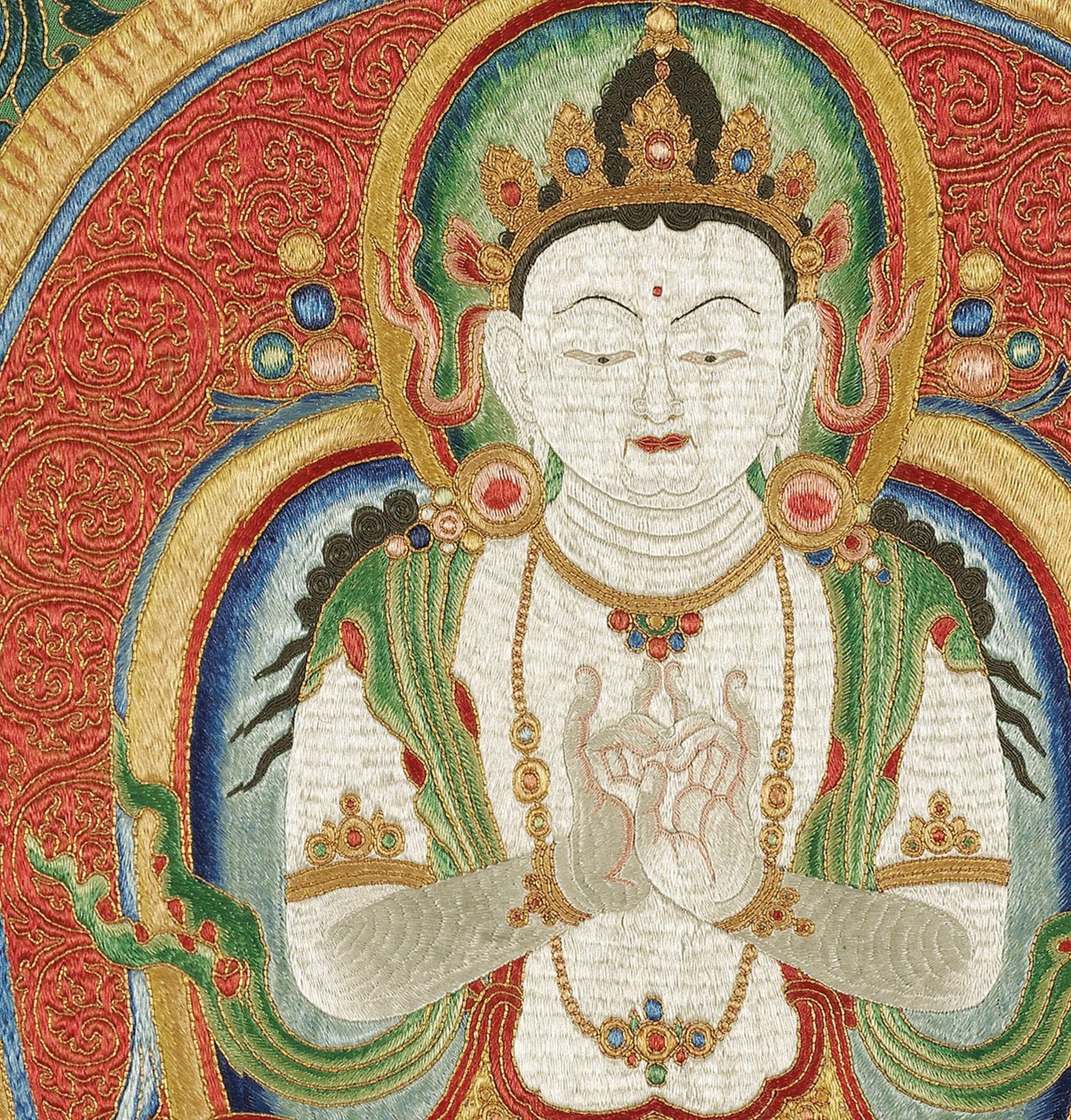 Detalje af kejserlig broderet silke-thangka af Ming Dynasty Chinese School