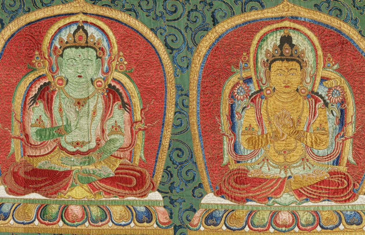 Detalje af kejserlig broderet silke-thangka af Ming Dynasty Chinese School