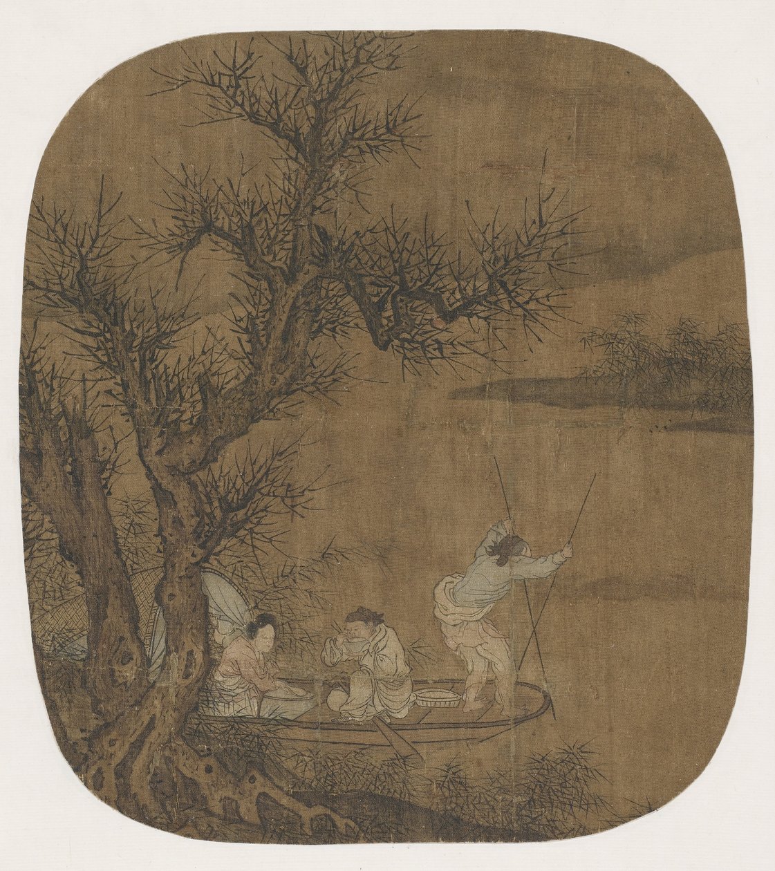 Nyder et måltid om bord på en båd, 16.-17. århundrede (blæk og farve på silke) af Ming Dynasty Chinese School