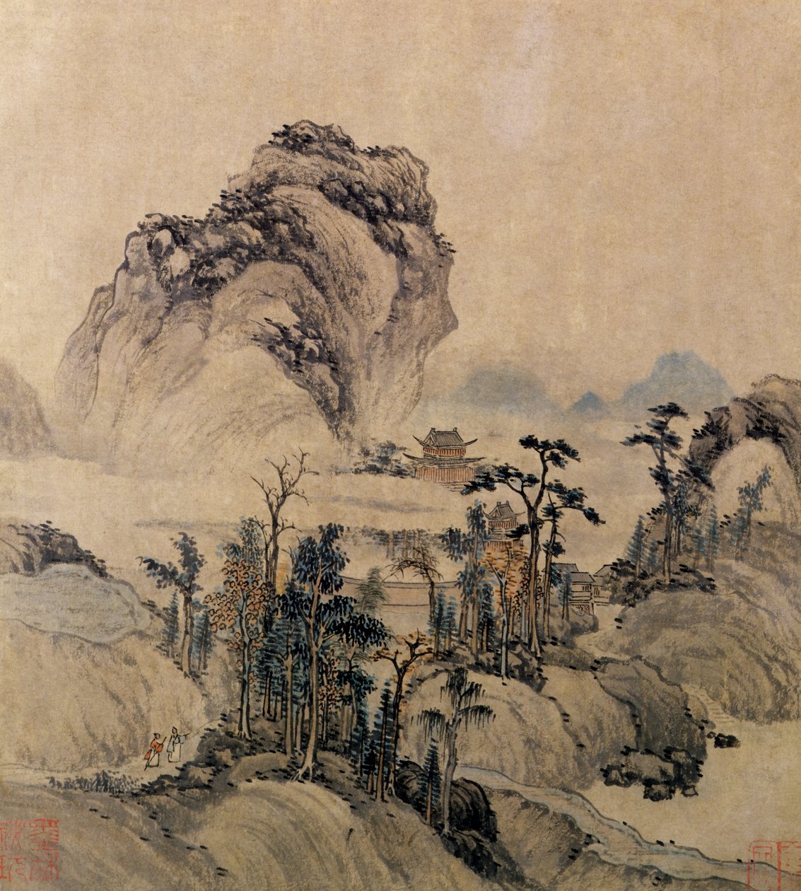 Bjergudsigt (blæk, vask og farve på papir) af Ming Dynasty Chinese School