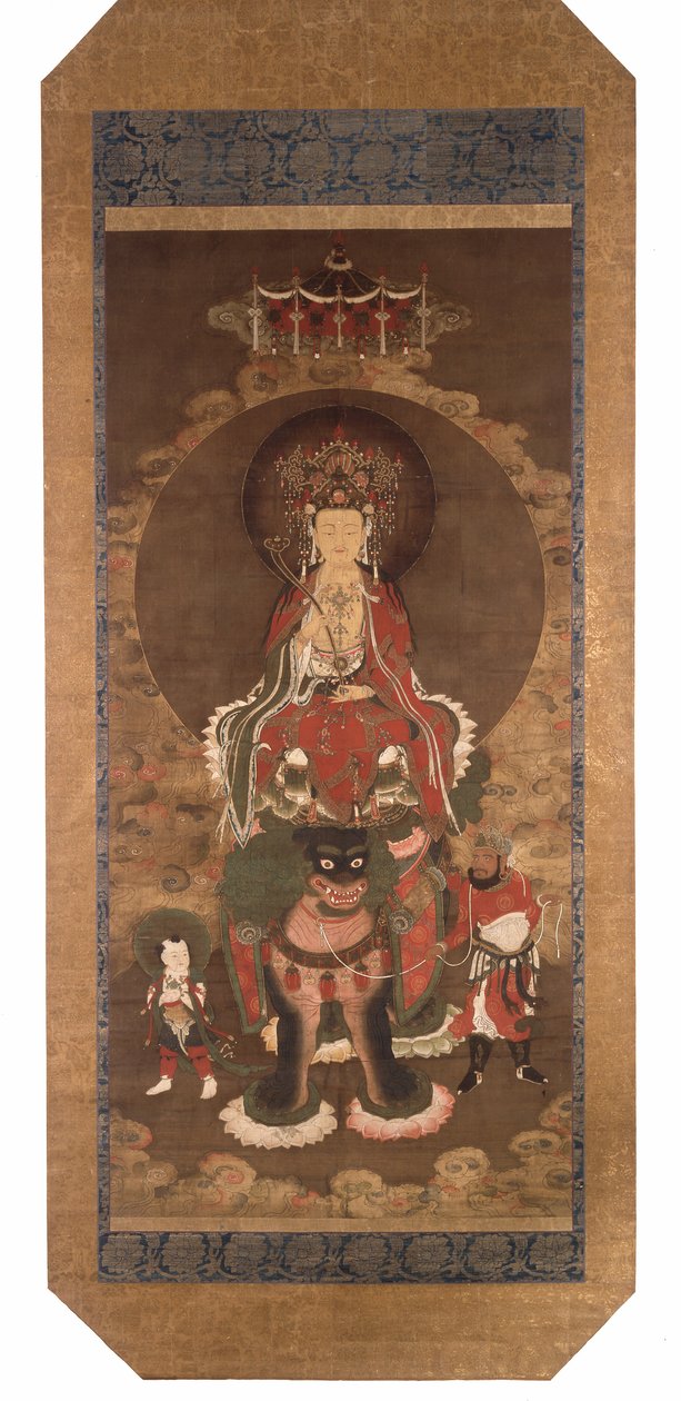 Bodhisattvaen Mañjusrî på en løve, slutningen af det 14. århundrede (blæk, farve og guldpigment på silke) af Ming Dynasty Chinese School