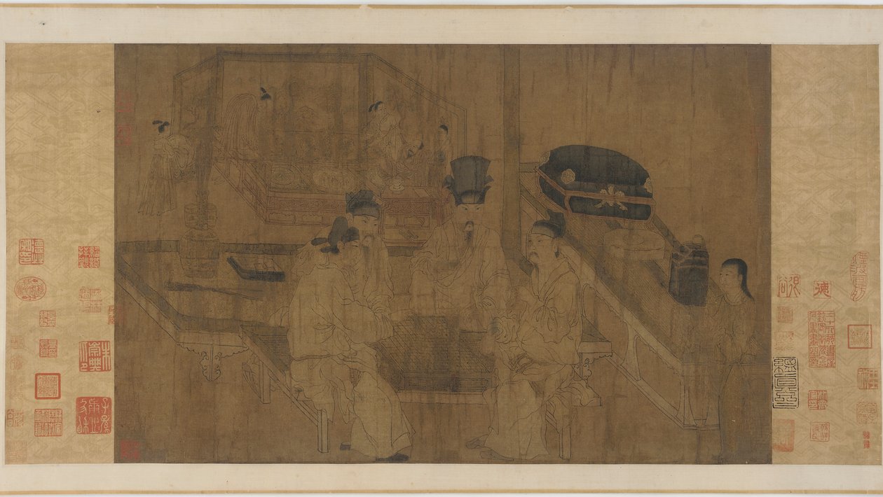 The Double Screen: Emperor Li Jing Watching his Brothers Play Weiqi (blæk & farve på silke) af Ming Dynasty Chinese School