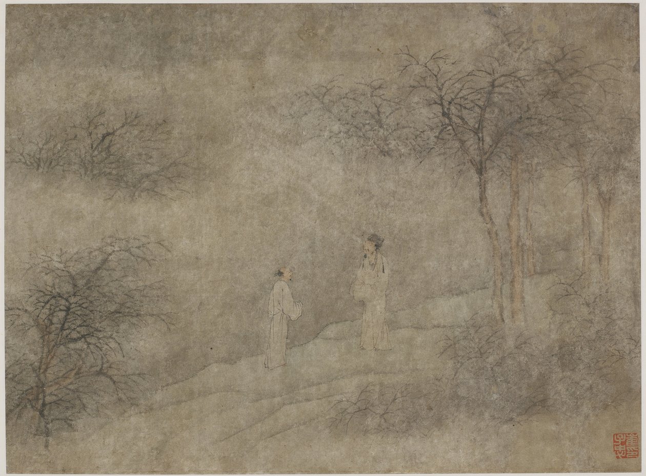 To mænd, der går i tåget lund (blæk og farve på papir) af Ming Dynasty Chinese School