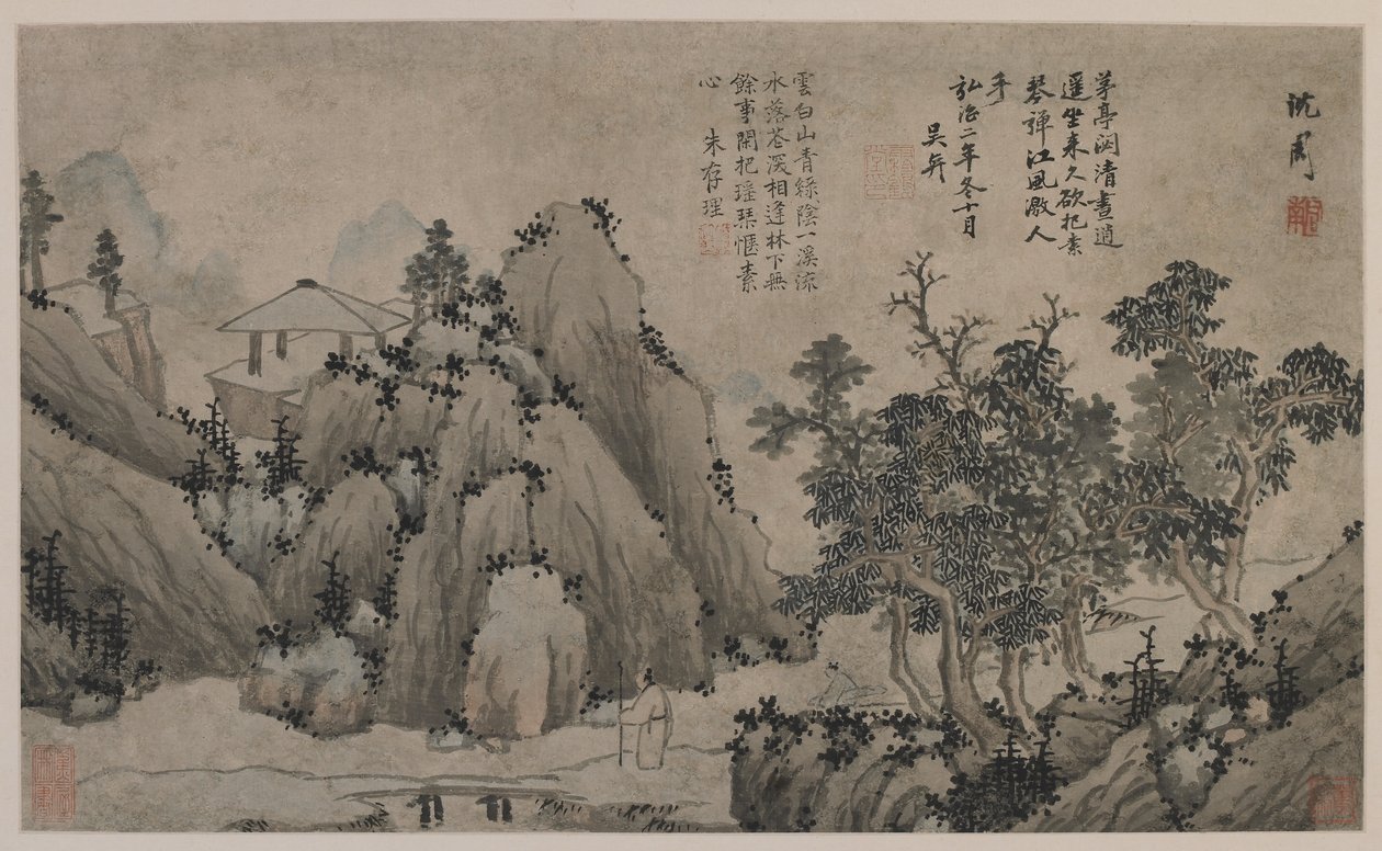 Gåtur ved en bjergstrøm (blæk og farve på papir) af Ming Dynasty Chinese School