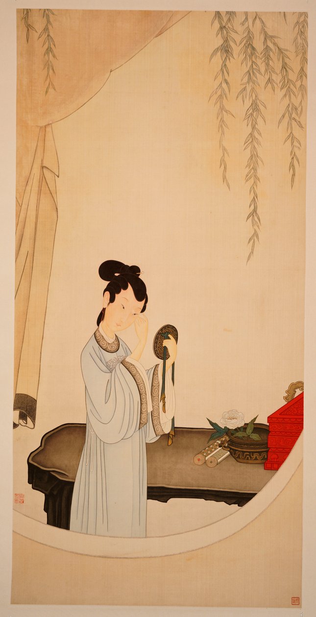 A Lady Gazing in the Mirror (hængende rulle, blæk og farve på silke) af Ming Yu