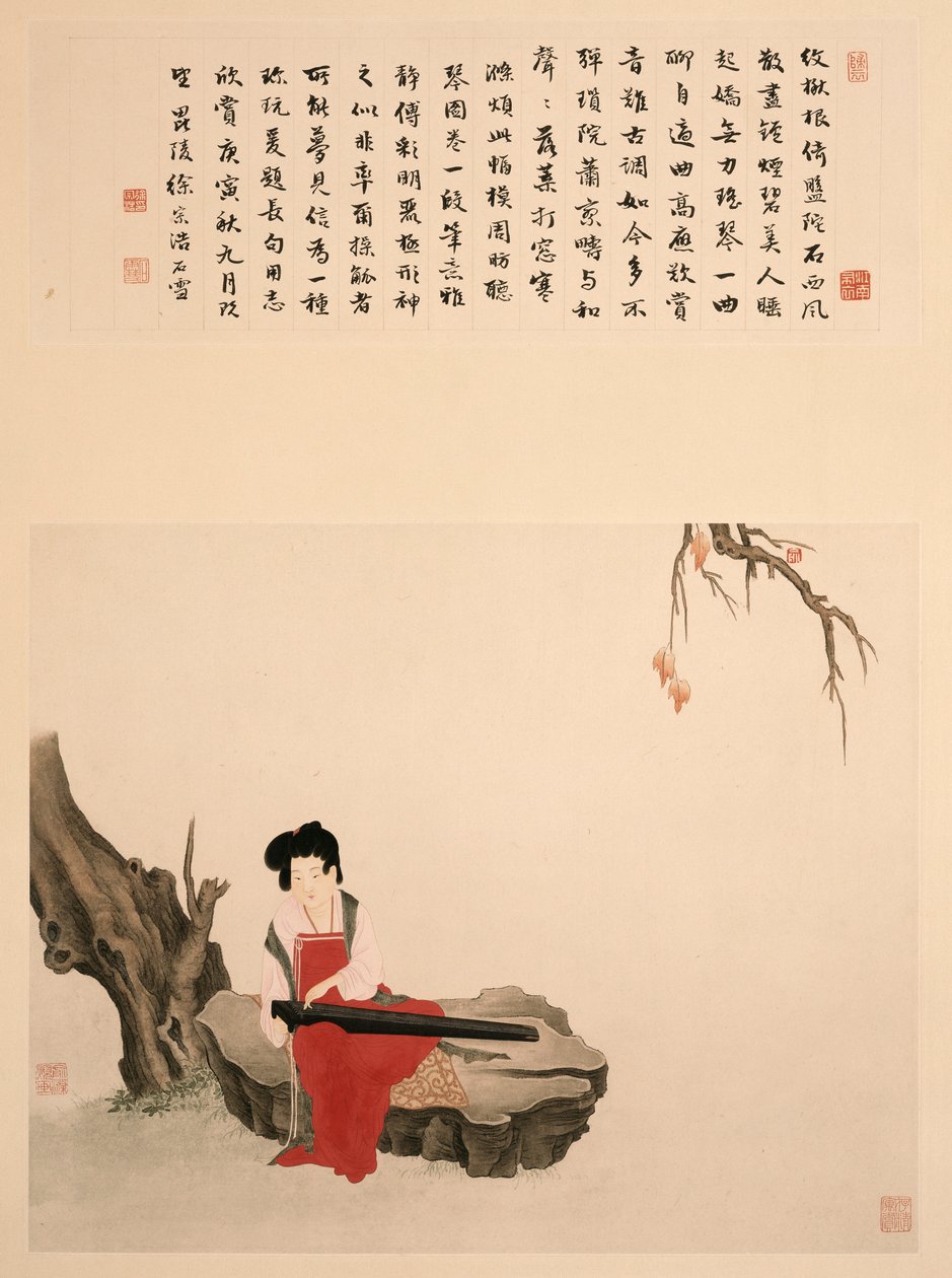 Dame, der sidder på en klippe og spiller en Qin (Rul, monteret og indrammet, blæk og farve på papir) af Ming Yu