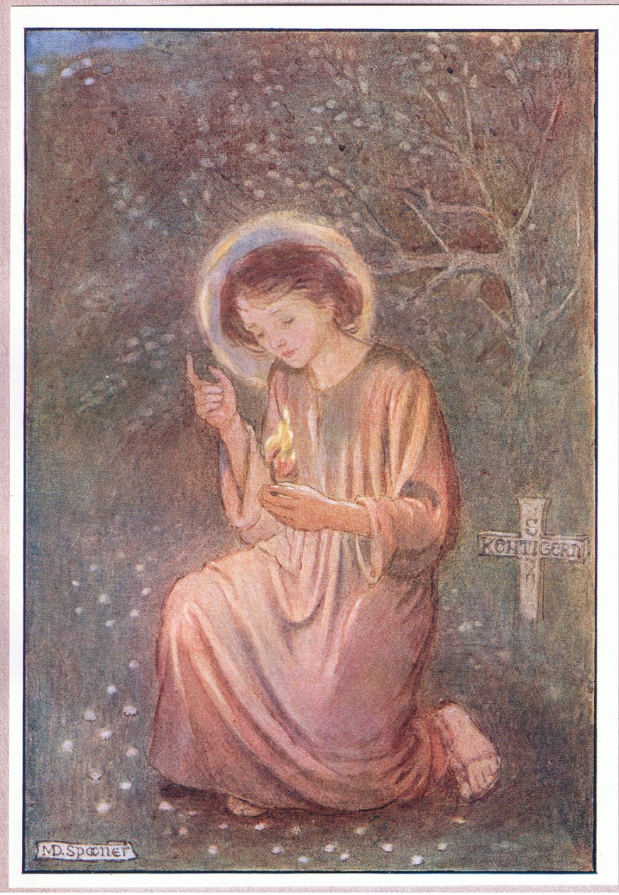 Han knælede ned på det duggede græs (farve litho) af Minnie Didbin Spooner