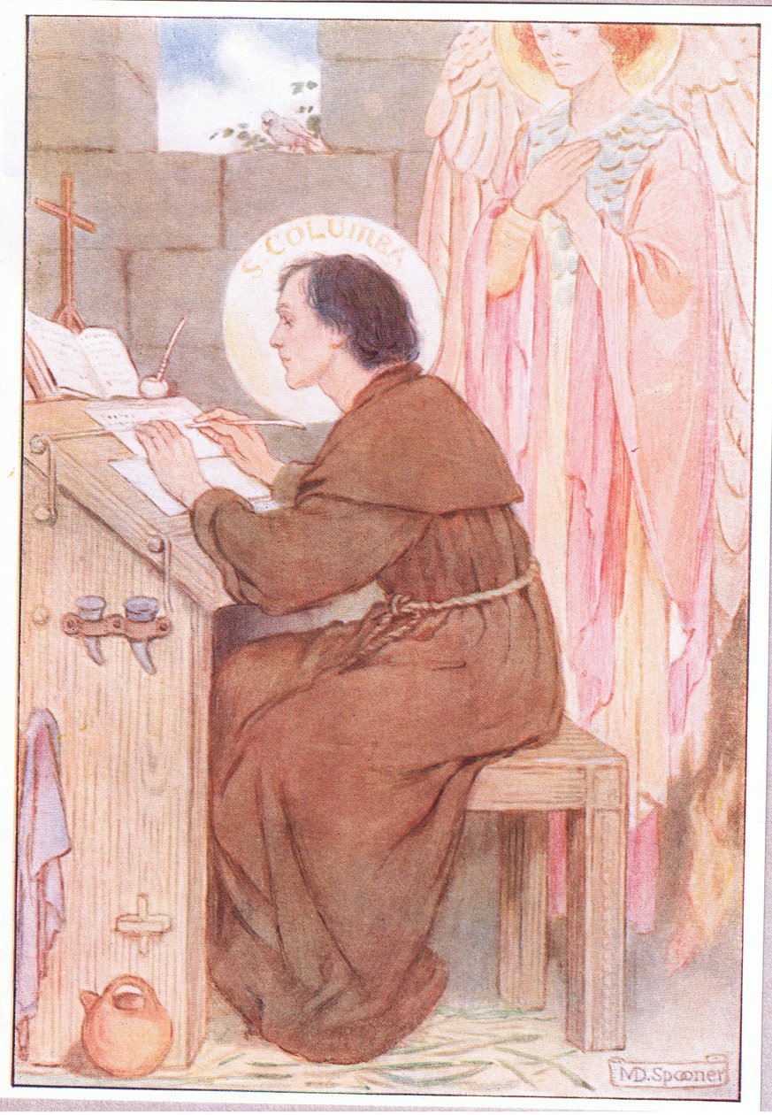 Der i sin celle lavede han smukke kopier af de bøger, han elskede (farve litho) af Minnie Didbin Spooner