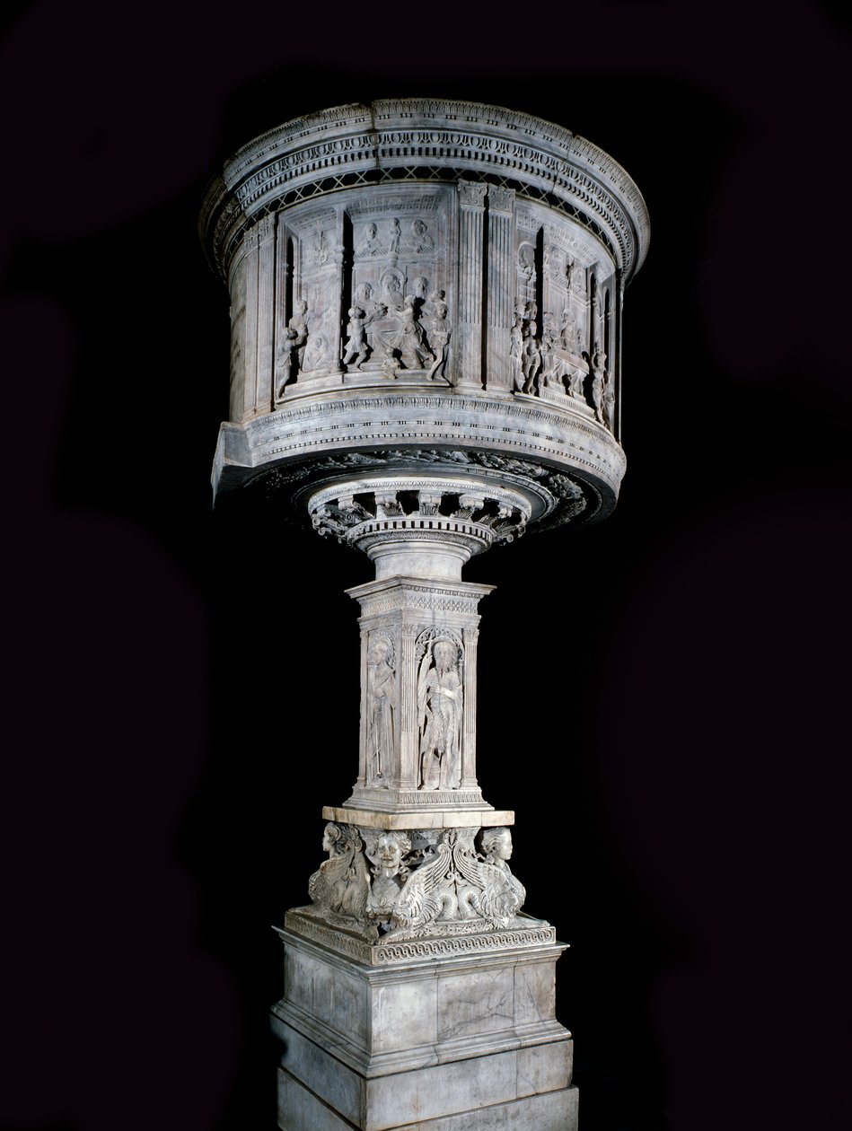 Renæssancekunst: Stol af Pasquino di Matteo (1425-1485), skulptureret af Mino da Fiesole (1429-1484) og Antonio Rossellino (1427-1479) (prædikestol i hvid marmor (1469-1473) med relieffer af Antonio Rossellino og Mino da Fiesole) af Mino da Fiesole